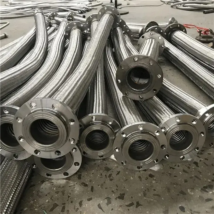 Stainless steel braided metal hoses with flanged ends, stacked