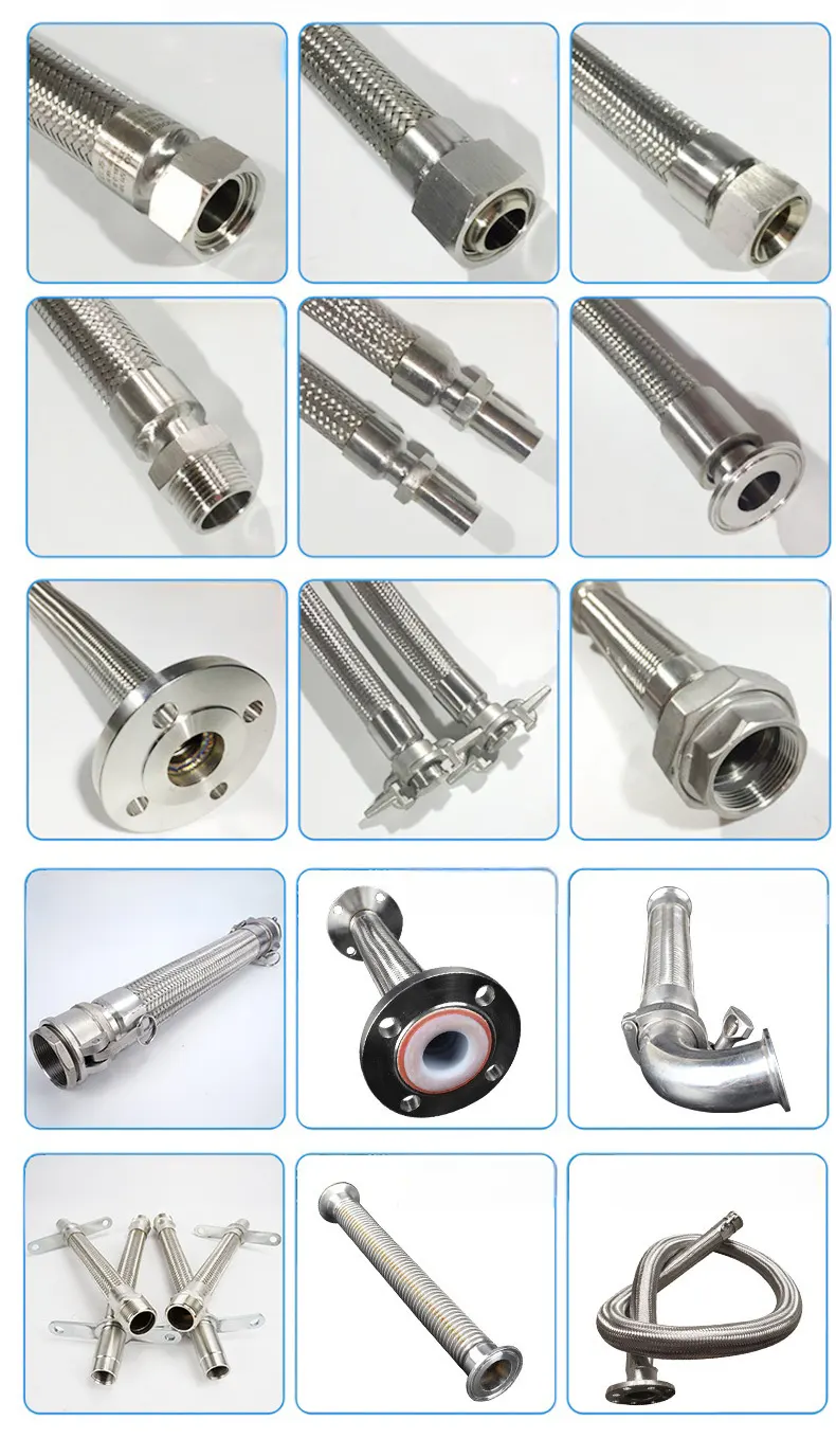 Assorted stainless steel braided hose assemblies and end fittings, close-up grid